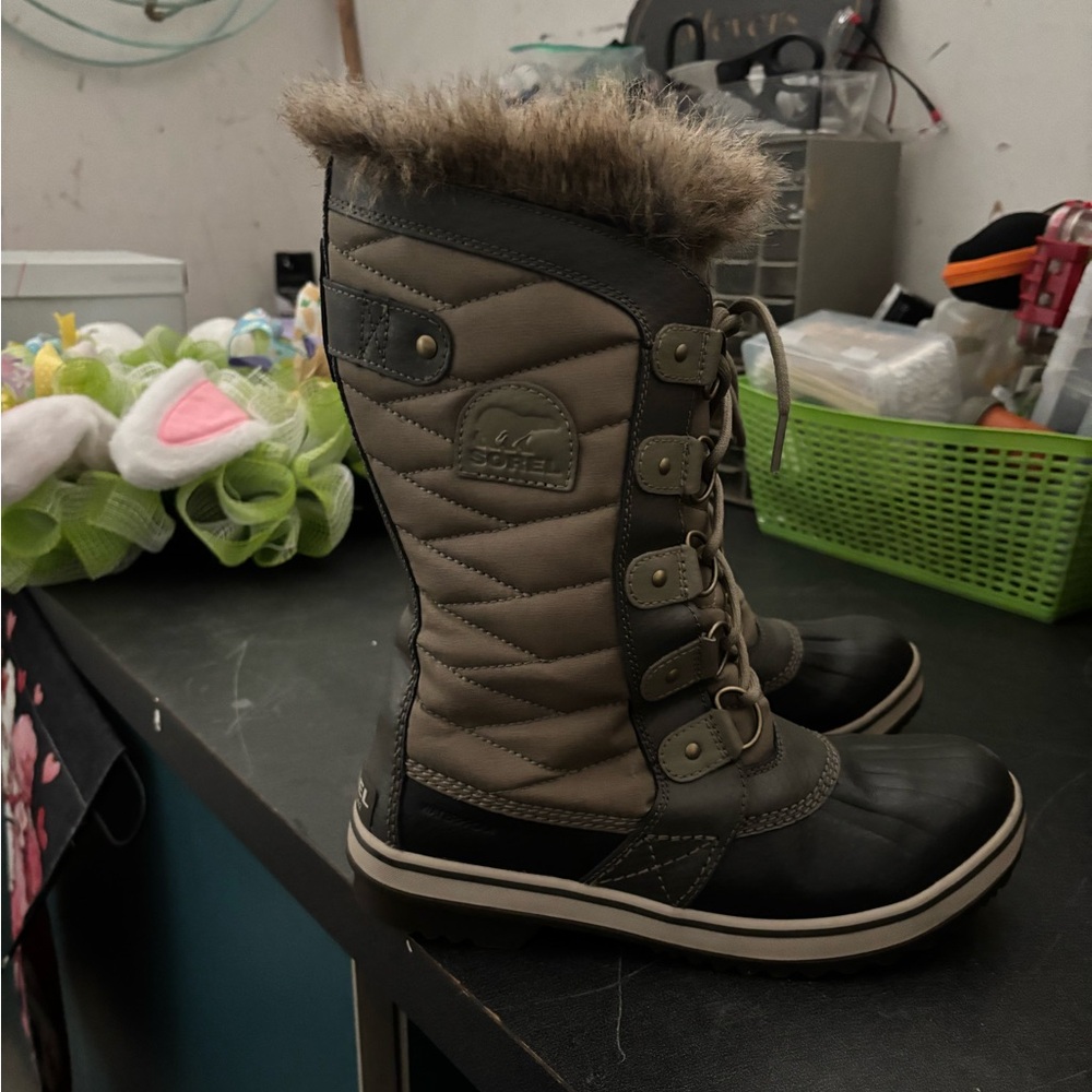 Sorel Joan of Arc Boot in Taupe and Black with Faux Fur Cuff